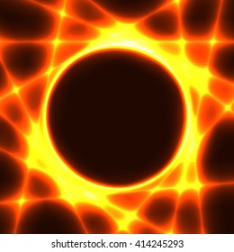 Hot red and yellow template with dark circle for text and laser beams like sun rays
