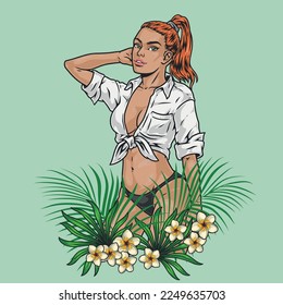 Hot redhead woman colorful emblem with exotic leaves and flowers under young girl in short shirt and panties vector illustration