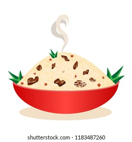 Hot rice, meat and carrot pilaf with herbs on a plate. Isolated vector illustration.