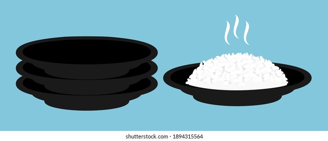 Hot rice in the plate and stack of dishes icon isolated on blue background vector illustration illustration. Cute cartoon food.