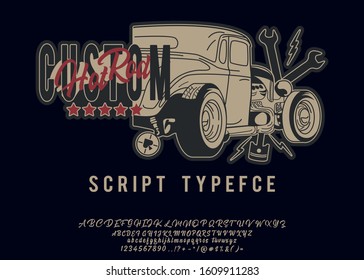 Hot Road Custom. Vintage script font. Handmade font. Retro Typeface. Vector font illustration.