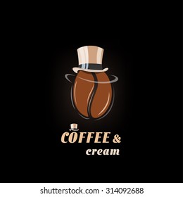 Hot roast coffee bean gentleman classic in a top hat with cream vector isolated over black background