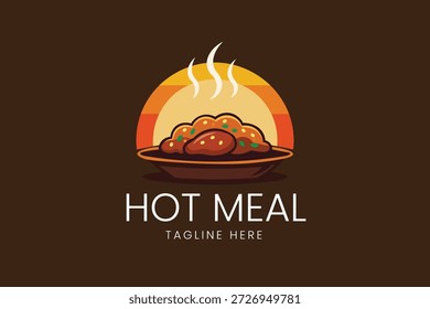 Prato de carne quente assado na placa com vapor e fundo de sol Modelo do logotipo do vetor