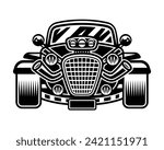 Hot rod car front view vector monochrome illustration isolated on white background