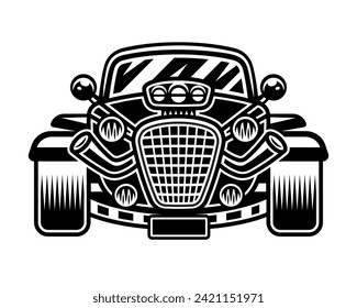 Hot rod car front view vector monochrome illustration isolated on white background