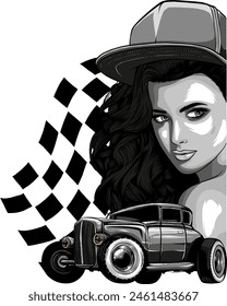 hot rod car with head girl and race flag