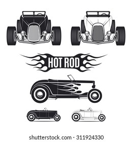 Hot rod car illustrations isolated on white background. Front view, side view. Classic car isolated on white background.