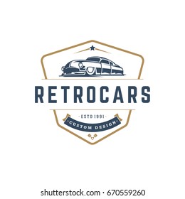 Hot rod car logo template vector design element vintage style for label or badge retro illustration. Classic car silhouette.