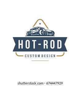 Hot rod car logo template vector design element vintage style for label or badge retro illustration. Classic car silhouette.