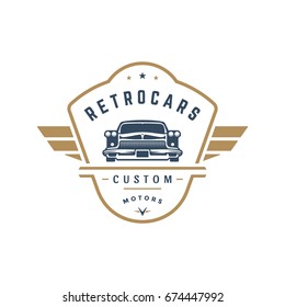 Hot rod car logo template vector design element vintage style for label or badge retro illustration. Classic car silhouette.