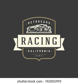 Hot rod car logo template vector design element vintage style for label or badge retro illustration. Classic car silhouette.