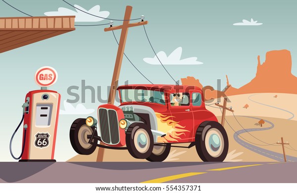 Hot rod car  in Route 66.
desert