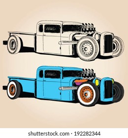 hot rod car vector hand drawing sketch set.