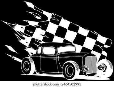 hot rod car in white line on black background