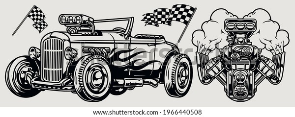 Hot rod classic custom car\
concept with automobile with flame decal engine and racing\
checkered flags in vintage monochrome style isolated vector\
illustration