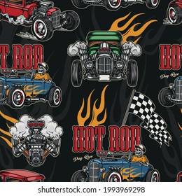 Hot rod colorful seamless pattern with powerful custom cars turbocharged engine flames racing checkered flag skeleton in baseball cap and shirt driving hotrod vector illustration