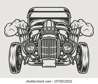Hot rod custom car concept in vintage monochrome style isolated vector illustration