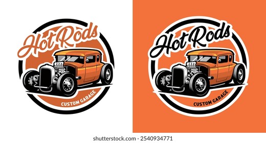 Hot Rod Custom Garage Car Logo Vetor Circle Emblema Isolado