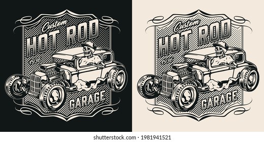 Hot rod custom garage vintage logo in monochrome style with skeleton in baseball cap driving american retro car isolated vector illustration