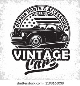 Hot Rod garage logo design, emblem of muscle car repair and service organisation, retro car garage print stamps, hot rod typography emblem, Vector