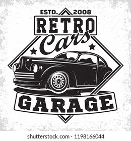 Hot Rod garage logo design, emblem of muscle car repair and service organisation, retro car garage print stamps, hot rod typography emblem, Vector