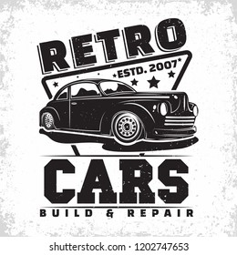 Hot Rod garage logo design, emblem of muscle car repair and service organisation, retro car garage print stamps, hot rod typography emblem, Vector