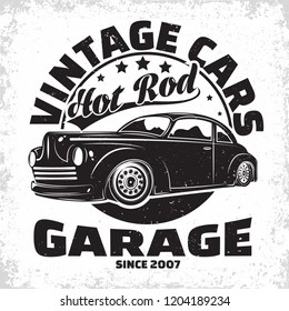 Hot Rod garage logo design, emblem of muscle car repair and service organisation, retro car garage print stamps, hot rod typography emblem, Vector