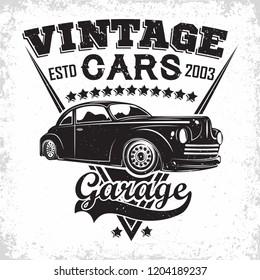Hot Rod garage logo design, emblem of muscle car repair and service organisation, retro car garage print stamps, hot rod typography emblem, Vector
