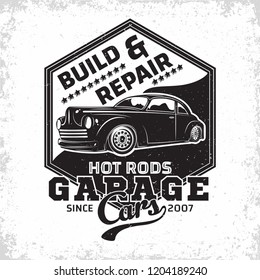 Hot Rod garage logo design, emblem of muscle car repair and service organisation, retro car garage print stamps, hot rod typography emblem, Vector