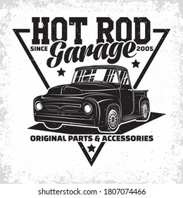 Hot Rod garage logo design, emblem of muscle car repair and service organisation, retro car garage print stamps, hot rod typography emblem, Vector