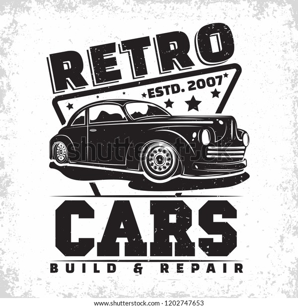 Hot Rod garage logo design, emblem of\
muscle car repair and service organisation, retro car garage print\
stamps, hot rod typography emblem,\
Vector