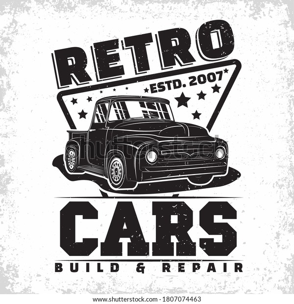 Hot Rod garage logo design, emblem of\
muscle car repair and service organisation, retro car garage print\
stamps, hot rod typography emblem,\
Vector