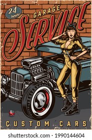 Hot rod garage service colorful poster with attractive winking woman in mechanic uniform holding wrench and standing near custom retro car vector illustration