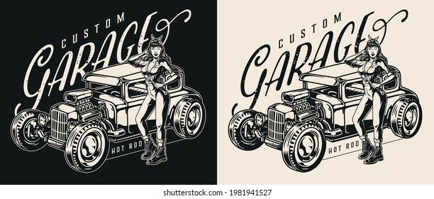 Hot rod garage service vintage label with pretty winking woman in mechanic uniform holding wrench and standing near powerful american custom car isolated vector illustration