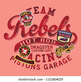 Hot Rod kids dragster car racing team, cute vector print and embroidery for children wear  with applique badges