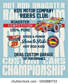 Hot Rod kids racing team, roadster motor vector print for children wear in custom colors with with applique badges
