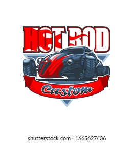 Hot Rod logo with a vintage car and Custom inscription on banner.