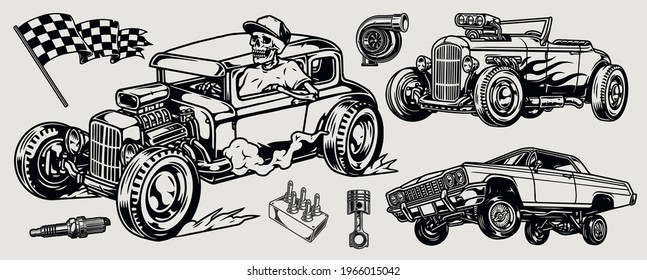 Hot rod and lowrider cars concept with skeleton driver racing checkered flag piston spark plug turbocharger lowrider suspension remote control isolated vector illustration