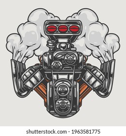 Hot rod or muscle car engine with smoke in vintage style isolated vector illustration