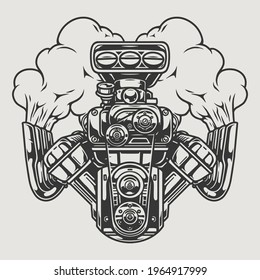 Hot rod powerful engine with smoke in vintage monochrome style isolated vector illustration