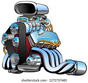 Hot rod race car engine cartoon, lots of chrome, huge intake, fat exhaust pipes, vector illustration