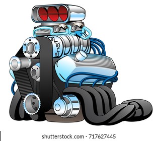 Hot Rod Race Car Engine Cartoon Vector Illustration In Bold Colors And Lots Of Chrome