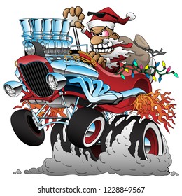 Hot Rod Santa Christmas Cartoon Car Vector Illustration