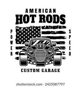 Hot rod vector emblem, label, badge or print in monochrome style isolated on white background