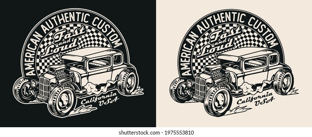 Hot rod vintage monochrome print with american custom car on dark and light backgrounds isolated vector illustration