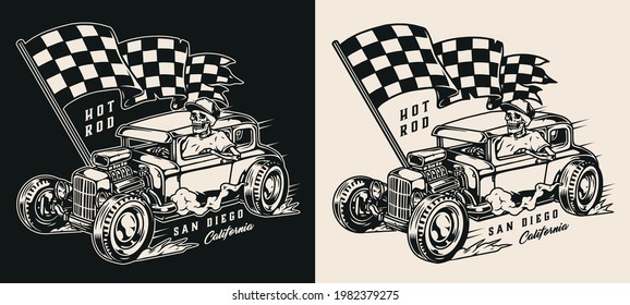 Hot rod vintage monochrome print with skeleton in baseball cap driving american custom car with racing checkered flag isolated vector illustration