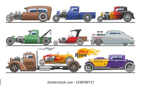 Hot rods car vector vintage classic vehicle and retro auto transport roadster illustration set of hot-rods automobile with fire isolated on white background.