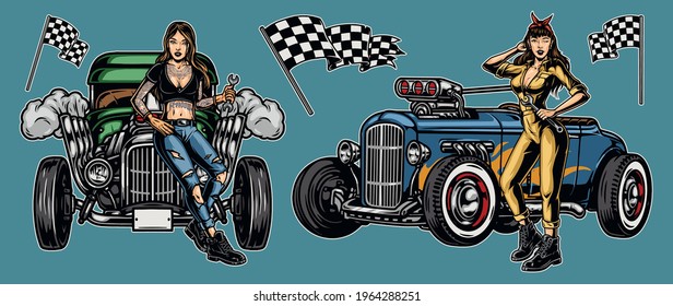 Hot rods vintage colorful composition with racing checkered flags beautiful girls with wrenches standing near retro custom cars isolated vector illustration