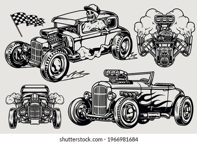 Hot rods vintage monochrome composition with powerful retro cars turbo engine racing checkered flag skeleton in baseball cap driving hotrod automobile isolated vector illustration