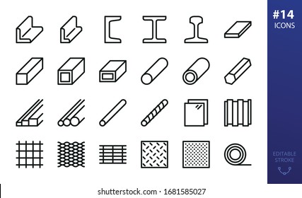 Hot rolled steel outline icons set. Set of metal products, steel angle, channel, rail, i beam, flat metal bar, steel tube, pipe, expanded metal, perforated sheet, bar grating, rebar, wire mesh icon - Shutterstock ID 1681585027